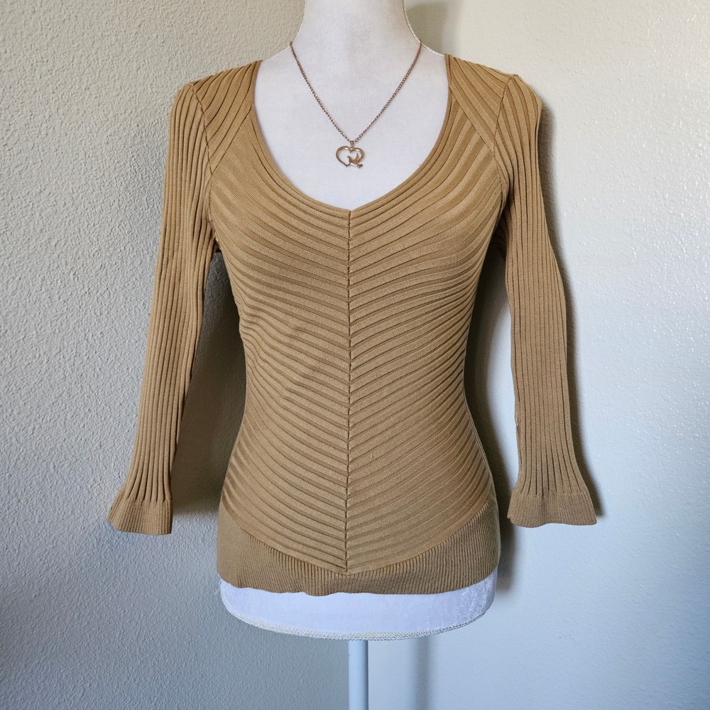 Cache Tan Silk Blend Ribbed V-Neck Chevron Knit Sweater Top - Picture 2 of 4